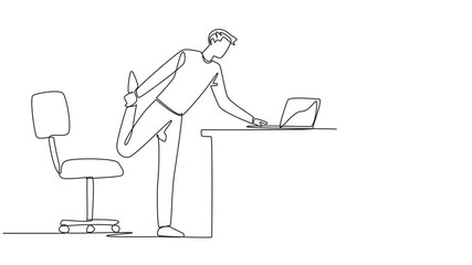 Poster - animated self drawing of single one line drawing man standing with one leg raised and his hand typin