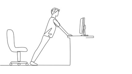 Poster - animated self drawing of continuous one line drawing man do push up movements by holding edge of wor