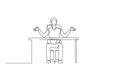 Poster - animation of a single one line drawing man sitting in a work chair with his fingers rounded. calm. d