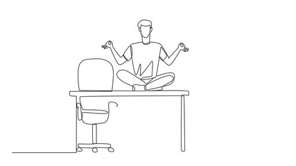 Poster - self drawing animation of single continuous line drawing man sitting cross-legged on a work desk. ro