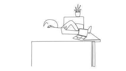 Poster - animation of single continuous line drawing man fell asleep on the table with a pillow from a pile o