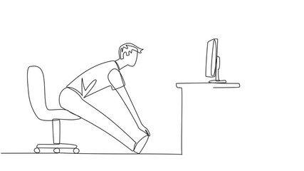 Poster - animated self drawing continuous one line drawing man sitting in work chair with legs straightened. 