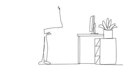 Poster - self drawing animation of single continuous line drawing man stands with one hand raised and the oth