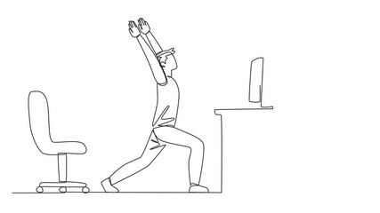 Poster - animation of a single one line drawing man standing with both hands raised and legs stretched. work 