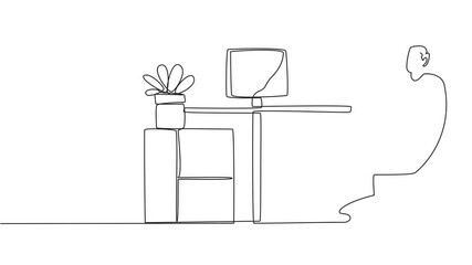 Poster - animated self drawing of continuous one line drawing man sits in work chair with one of legs raised 
