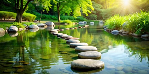 Poster - A serene pathway of smooth stones crossing a tranquil pond reflecting greenery , serene, smooth stones, path, calm