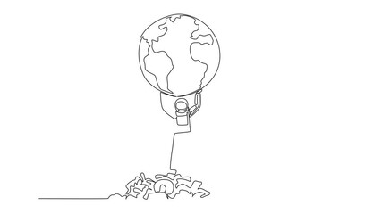 Sticker - Animated self drawing of single continuous line drawing astronaut raises globe with both hands. Earth is no longer beautiful. Must immediately fight to be protected at all costs. Full length animation