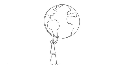 Poster - self drawing animation of single continuous line drawing arab man and arab woman hold up globe toget