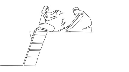 Poster - animated self drawing of continuous one line drawing arab man and arab woman work together to plant 