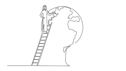 Poster - Animation of continuous one line drawing Arab man climbs a ladder watering a tree whose leaves form a globe. Invitation to plant trees. Preserving nature. Save planet. Full length motion