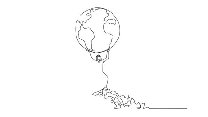 Poster - animation of single continuous line drawing arab man raises globe with both hands. keep earth free f
