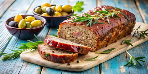 Poster - Delicious Greek meatloaf with herbs and olives, freshly baked and ready to be served, Greek, meatloaf, herbs, olives, savory, delicious