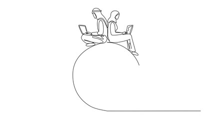 Poster - animation of single continuous line drawing arabian man and arabian woman sitting on globe typing on