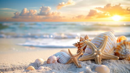 Canvas Print - many shells and starfish on white sand with beautiful ocean background