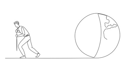 Poster - animation of a continuous one line drawing of a man pulls a globe. a real action to make the earth a