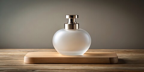 Canvas Print - Frosted glass perfume bottle on oak base with neutral tone, solid color background