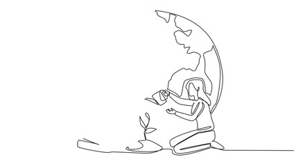 Poster - self drawing animation of single continuous line drawing man holds mound of earth while woman waters