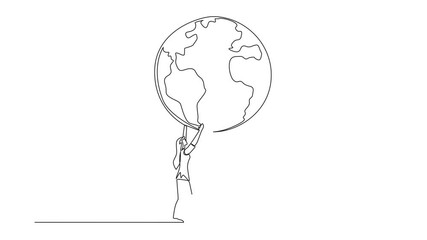 Poster - self drawing animation of single continuous line drawing a man and a woman hold up a globe together 