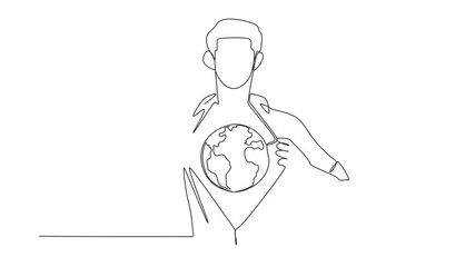 Poster - animated self drawing of single one line drawing a man unbuttons shirt revealing a globe on his ches