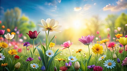 Abstract -rendered flower field scene with stylized flowers in a spring background, , abstract