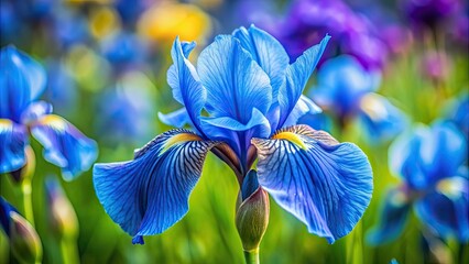 Canvas Print - Close-up of a beautiful blue iris flower blooming in a garden, blue, iris, flower, nature, close-up, vibrant, bloom, petal