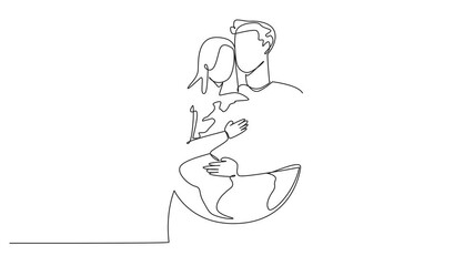 Poster - animated self drawing of continuous one line drawing man and woman hug each other. they both hug the