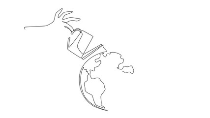 Poster - Self drawing animation of single one line drawing one hand holding a plant seed while the other waters the globe. Awareness of keeping the earth green starts from oneself. Full length animated
