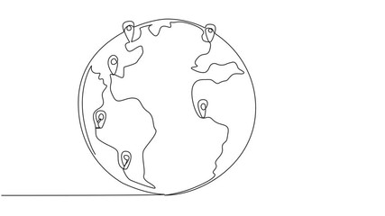 Poster - self drawing animation of a single one line drawing man places a pin location point on surface of gl