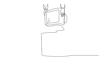 Poster - animation of continuous one line drawing businessman's hand throwing away a tube monitor whose scree