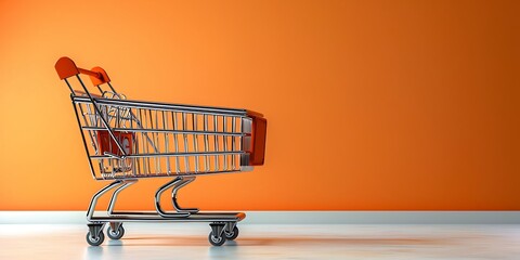 ShopHaw online shopping cart, orange backdrop, blank space on left, detailed 3D rendered photo style.