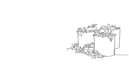 Poster - self drawing animation of single one line drawing trash woman scratched head looking at several tras