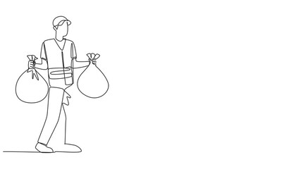 Poster - Self drawing animation of single continuous line drawing trash man carrying two plastic trash bags. Clean more thoroughly. Clean environment, fresh air, avoid disease. Full length animated