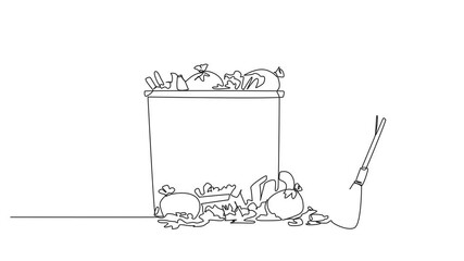 Poster - animated self drawing continuous one line drawing trash woman cleans rubbish by sweeping it into a p