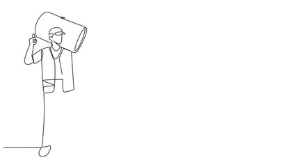 Poster - self drawing animation of single one line drawing trash man carrying a trash can giving a thumbs up.