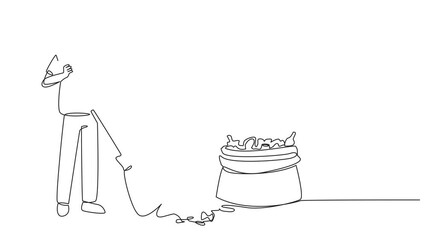 Poster - Animation of single one line drawing trash man cleaning trash with broom. Enthusiasm about working to maintain the cleanliness and beauty of nature. Reduce pollution. Full length motion