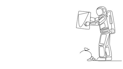 Wall Mural - Animation of single continuous line drawing astronaut throws rubbish into rubbish pile. Environmental care. Dispose of remaining supplies during the expedition. Outer space. Full length motion