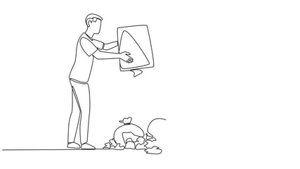 Poster - Animated self drawing single one line drawing man throws rubbish into rubbish pile. Environmental care. Throwing rubbish not in proper place. Surrounding air becomes less clear. Full length animation