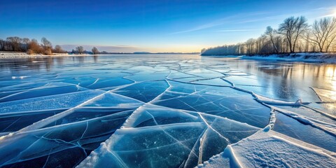 Wall Mural - Cracked ice patterns on frozen river captured in cool blues and whites, creating a crisp and pristine winter scene