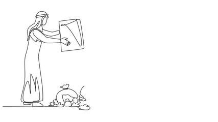Poster - Self drawing animation of continuous one line drawing Arabian man throws rubbish into rubbish pile. Environmental care. It is best to dispose of waste at the final disposal site. Full length animated