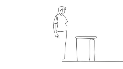 Poster - animation of single one line drawing woman throw used plastic bottles into overflowing trash cans. e