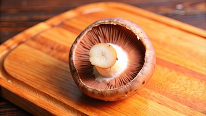 Sticker - Close-up shot of a slice of mushroom on a wooden cutting board , food, organic, fresh, ingredient, culinary, natural