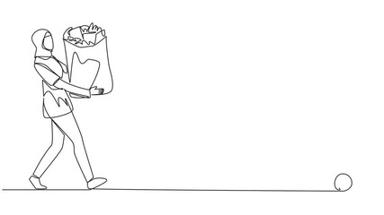 Poster - Self drawing animation of single continuous line drawing young Arabian woman walked carrying a trash bag in both hands towards the trash can. Clean lifestyle. Environmental care. Full length animated