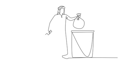 Poster - animation of continuous one line drawing arab man puts rubbish bag into the trash can. environmental