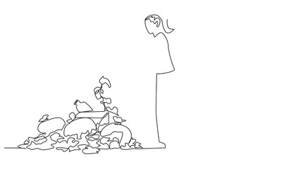 Poster - Self drawing animation of continuous one line drawing woman throws rubbish into rubbish pile. Environmental care. Piling up trash is like inviting disease. Makes the air polluted. Full length animated