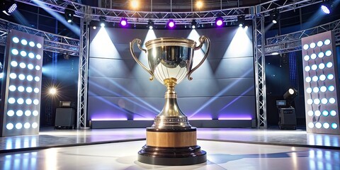 Wall Mural - Trophy shining on stage under purple lights, trophy, stage, lights, purple, illuminated, winner, success