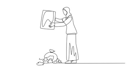 Sticker - Animated self drawing single one line drawing Arab woman throws rubbish into rubbish pile. Environmental care. Cleanliness is not maintained. Can cause disease if left untreated. Full length animation