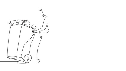 Poster - animation of single one line drawing businesswoman pushing a trash can filled with wads of paper. th