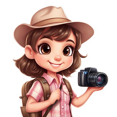 Wall Mural - A girl is holding a camera and smiling. She is wearing a hat and a pink shirt. The girl is a cartoon character. Isolated on PNGs transparent background.