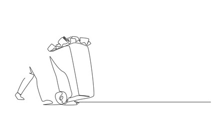 Poster - Animation of continuous one line drawing businessman pushing a trash can filled with wads of paper. Throw away administrative records that are no longer needed. Delete. Full length motion