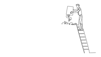 Poster - animation of single continuous line drawing businessman climb to the large, open head with stairs. t